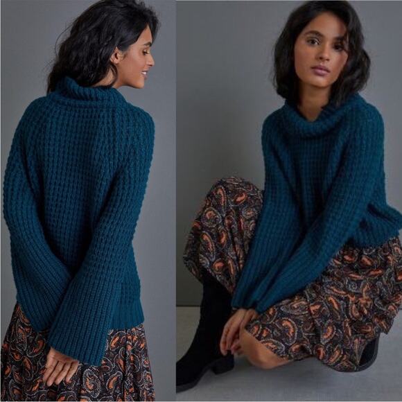 Anthropologie Waffle Teal Knit Bell Sleeve Sweater Cowl Mock Neck Womens Size S - Picture 1 of 7